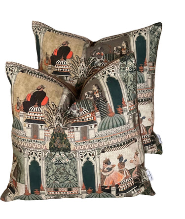 Ethnic pillow case featuring royal architecture and garden scenes